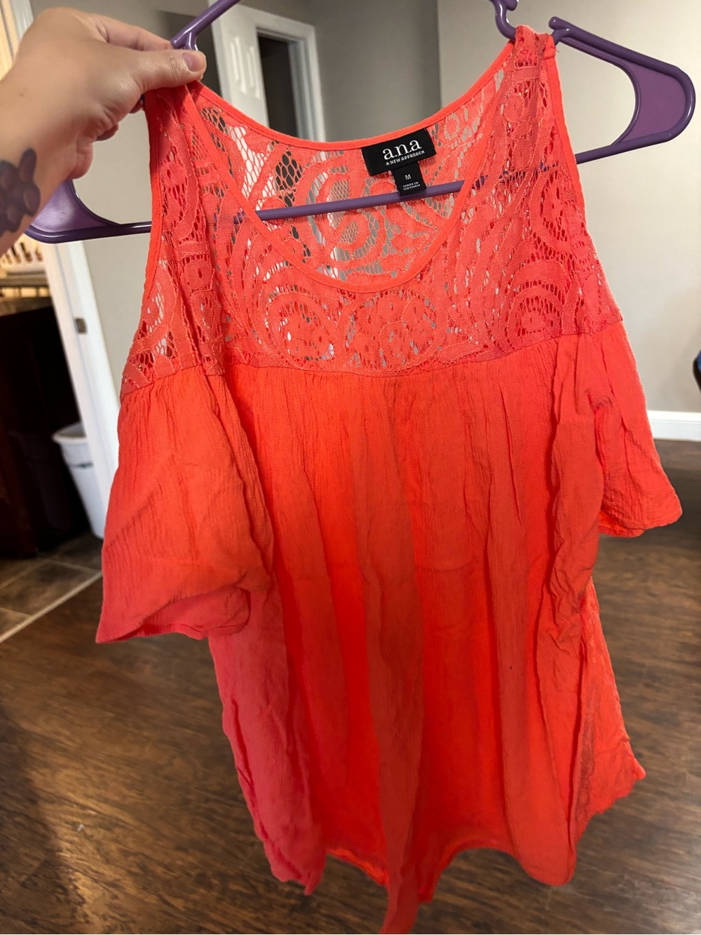 a.n.a Bright Coral Lace Cold-Shoulder Top